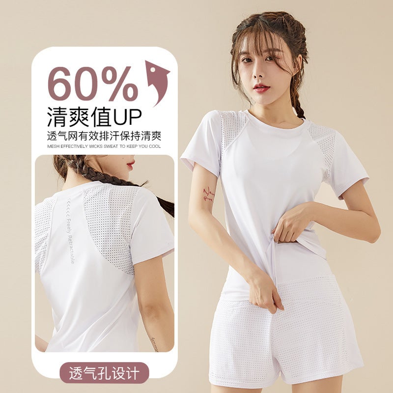 Spring And Women'S Fitness Running Quick-Drying Sports Suit Breathable Anti-Running Yoga Short Sleeve Shorts With Pocket - Image 3